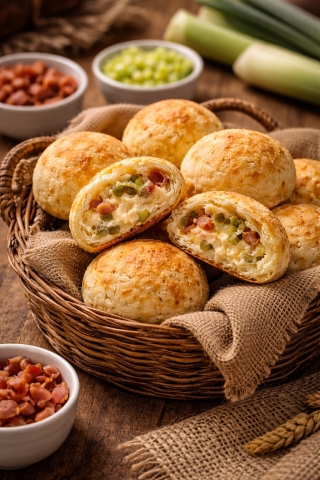Pão de Queijo Recheado com Alho-Poró e Bacon